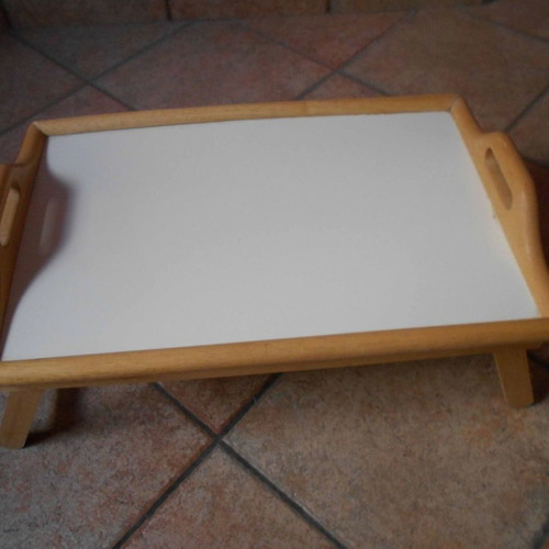 Wooden breakfast tray with handles and folding legs used