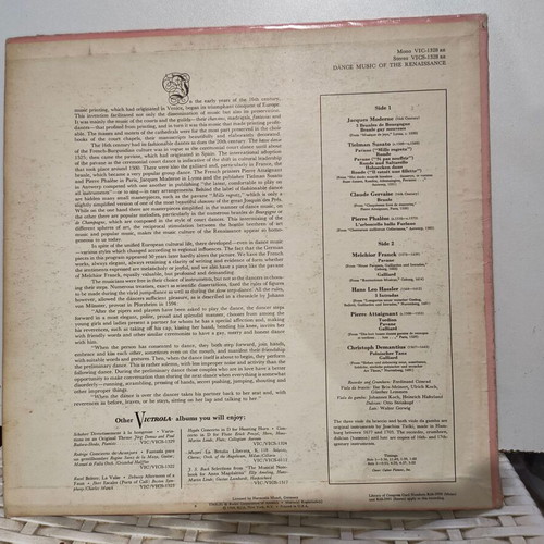 Dance Music of the Renaissance vinyl used, classical genre