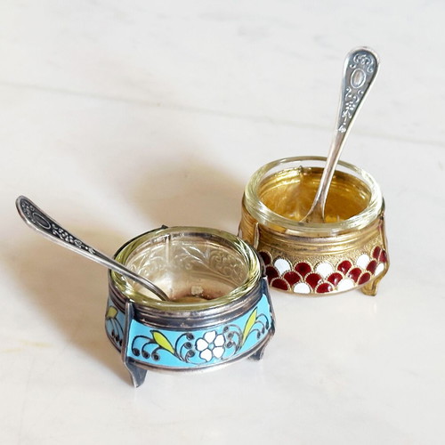 Bowls for caviar or salt used, handmade enamel Hommet 1950s