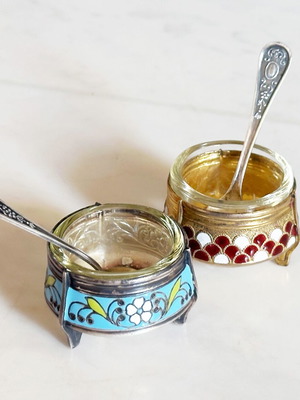 Bowls for caviar or salt used, handmade enamel Hommet 1950s