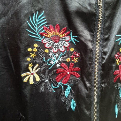 Jacket used black satin with colorful floral embroidery, size S