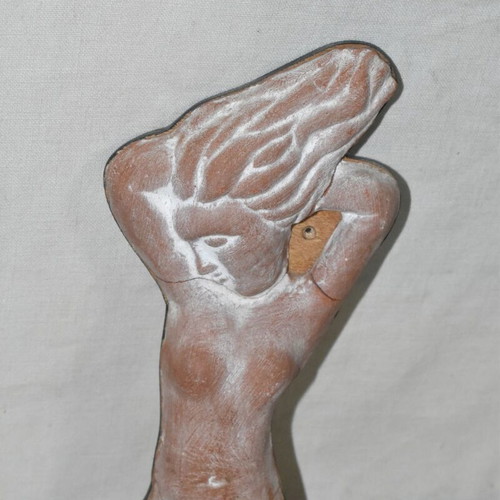 Handmade ceramic mermaid wall decoration used, wooden base 22.5x12 cm
