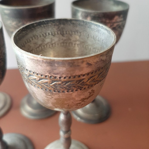 Old engraved liqueur glasses, set of 5, patina