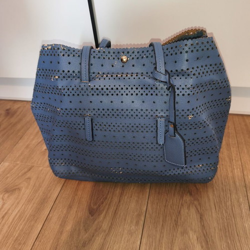 Hunter tote bag, blue, perforated details, detachable inner pouch