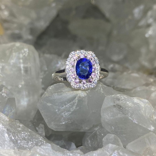 Handmade silver ring with natural blue sapphire, pink quartz & moissanites, size 7