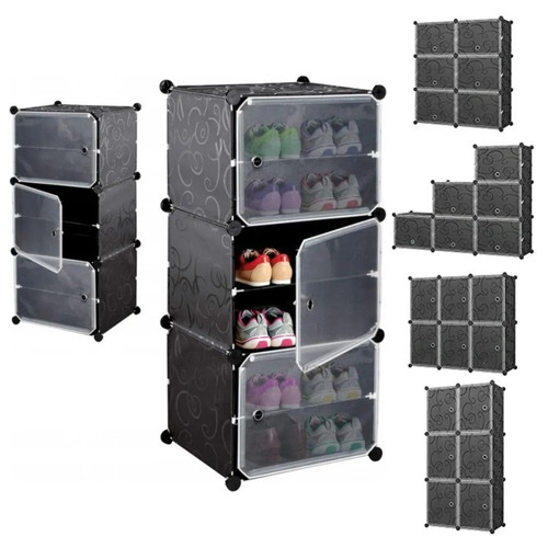 Black Modular Shoe Cabinet 3 Modules 6-Tier Organizer with Doors