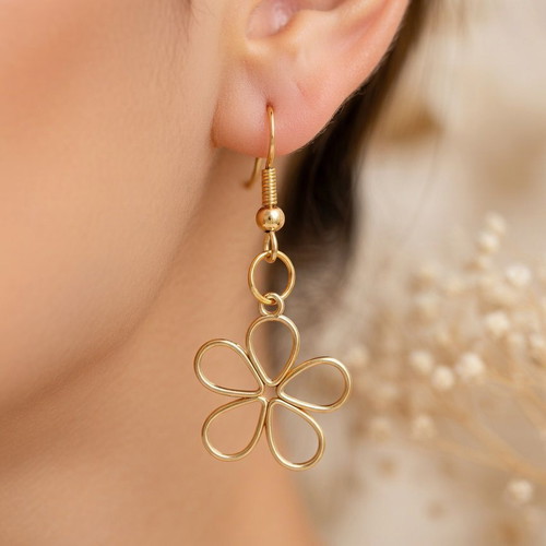 Wire Blossom Handmade Flower Earrings in Gold, New