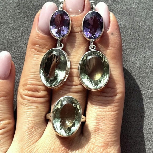 Silver earring and ring set with amethyst and praseolite, new
