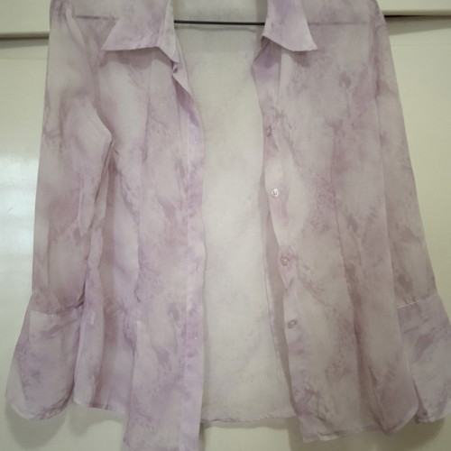 Sheer blouse in soft purple with abstract designs, like new, size M