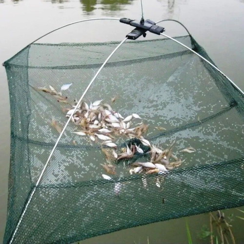 Portable Folding Fishing Net 60x60 cm used, nylon green