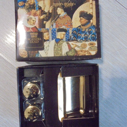 Vintage Scandia Guld set with two mini salt shakers and tray like new