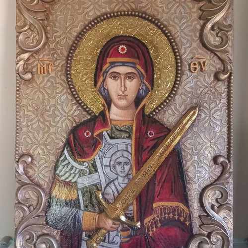 Ръчно изработена икона на Панайа Ти Юпермахо върху дърво 30x40 см нова