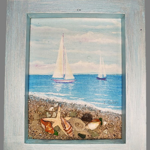 Embossed Painting I. Cabri 28x23 Sea Landscape with Frame and Stand new
