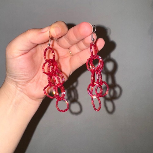 Handmade statement dangle earrings like new with red iridescent beads