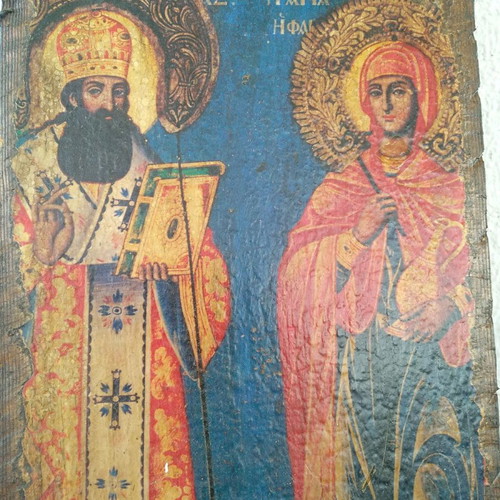 Wooden aged icon of Saints Theonas and Anastasia Pharmakolytria like new