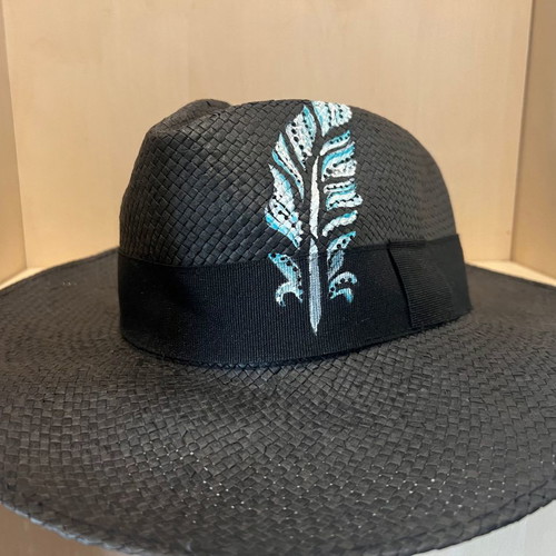 Men's black straw hat with handmade painted design like new