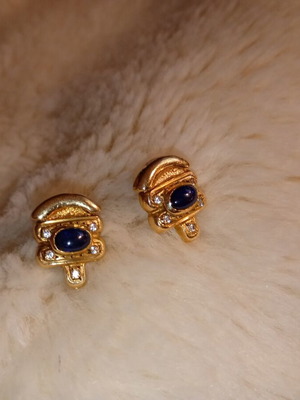 Vintage 14k gold earrings with dark blue stone and zircons, like new