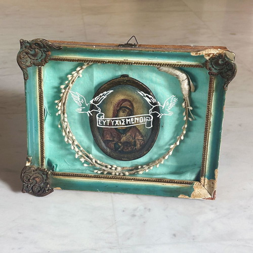 Antique Russian Orthodox Virgin Mary icon in handmade wedding frame, 1890s