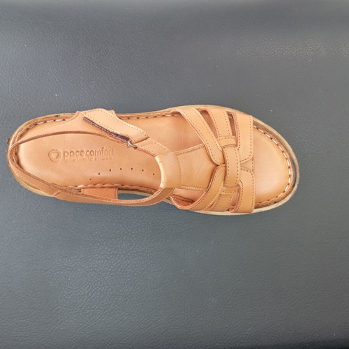 Leather platform sandals, tan, new with box