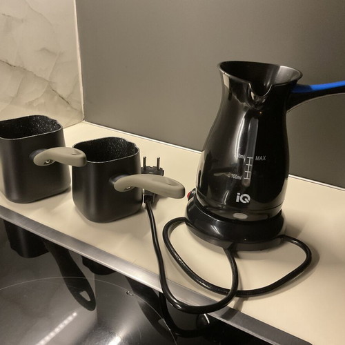 Kitchen accessories set black matte color unused, includes electric coffee pot and non-stick pots