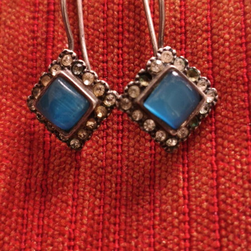 Vintage silver earrings with blue stone and rhinestones, used