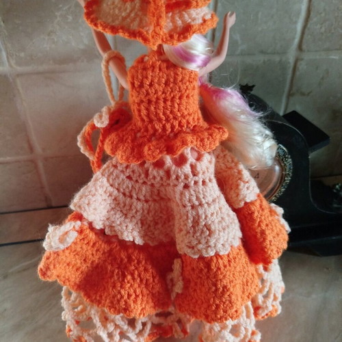 Doll with handmade dress, hat and bag new