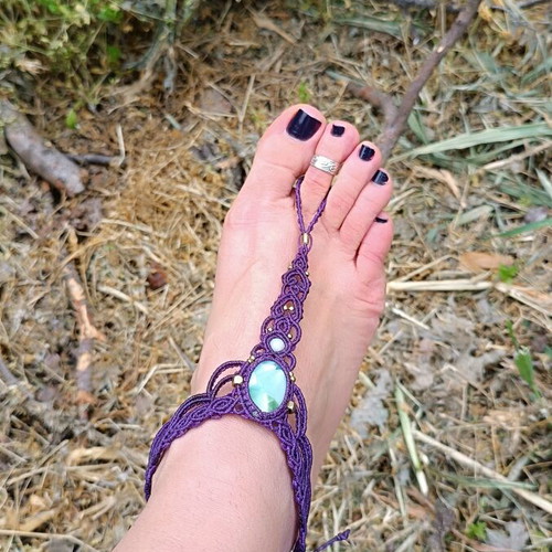 Macrame barefoot sandal with larimar semiprecious stone