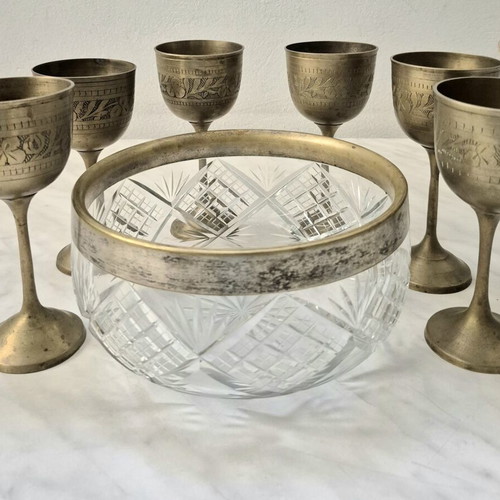 Vintage brass glasses set of 6 and glass bowl used