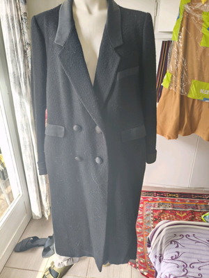Vintage black coat calf-length with satin details refurbished