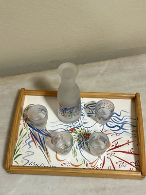 Collectible serving set with carafe, 4 shot glasses and tray by Giorgos Stathopoulos like new