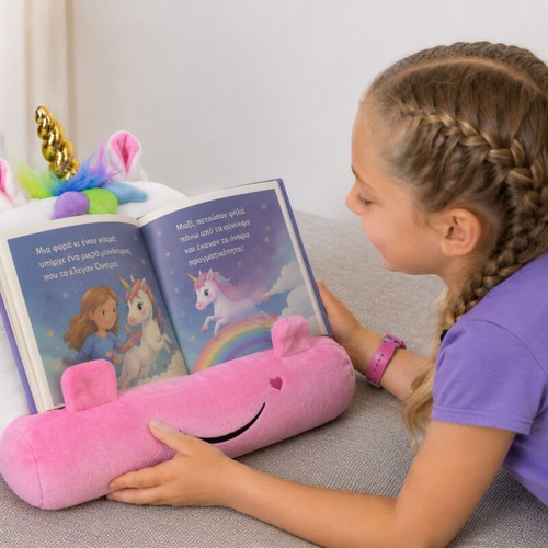 Cuddly Reader Unicorn reading pillow and tablet stand for kids