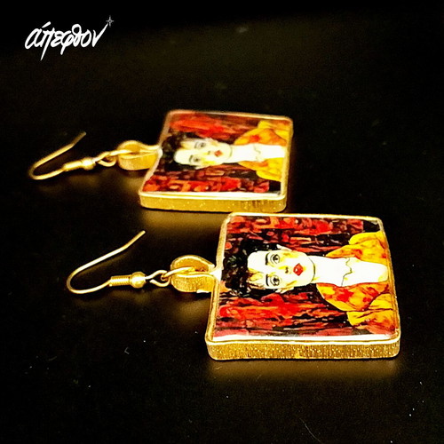 Earrings handmade with Egon Schiele inspired female face art