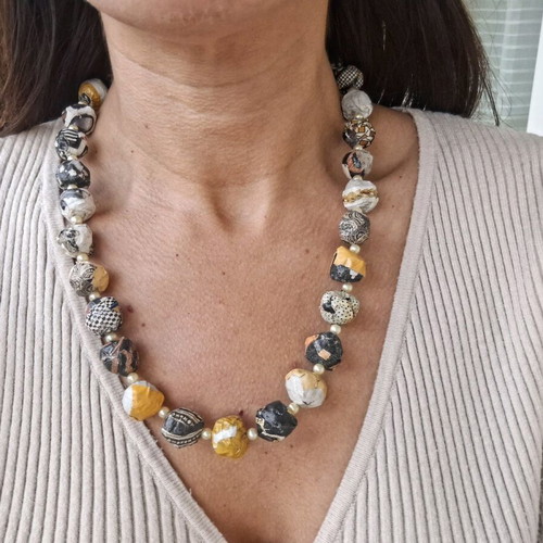 Papier-mâché necklace handmade made to order, yellow and black and white