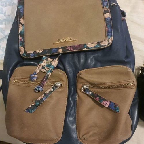 Doca backpack used, blue and gold with multiple compartments