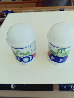 Salt and pepper set porcelain, new, white with blue and green accents