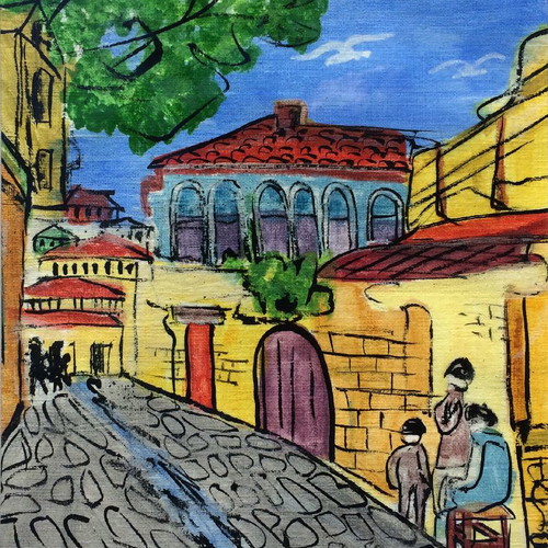 Kyriakopoulos painting used, oil on paper themed Thessaloniki 2003