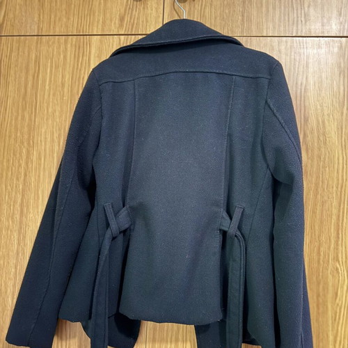 Short black pea coat with double button and waist belt, size M