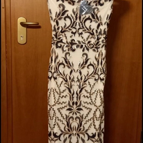 Goddiva Long Evening Dress New With Sequins Black Beige