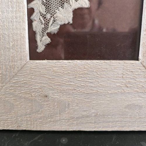 White wooden plank frame new, with vintage lace on velvet base