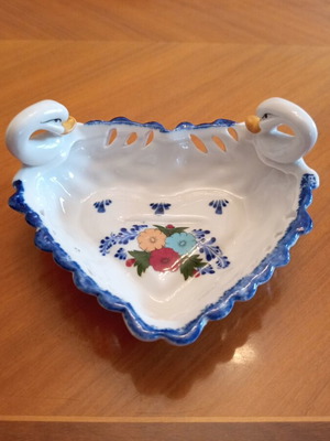 Vintage porcelain bowl with embossed swan handles