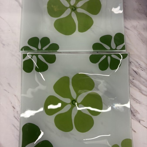 Set of 2 square glass serving plates like new with green floral design
