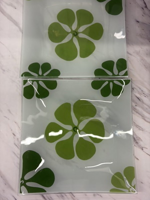 Set of 2 square glass serving plates like new with green floral design