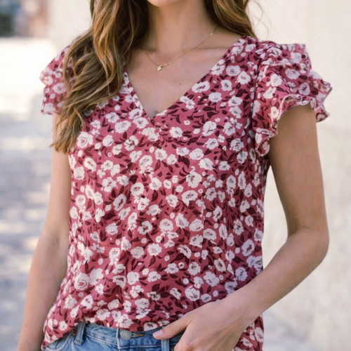 Pink floral blouse with ruffle sleeves new with tags