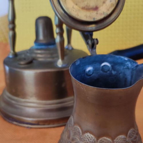Vintage brass spirit lamp and carved coffee pot like new