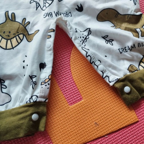 Hooded baby romper for 3-6 months new, khaki with dinosaurs