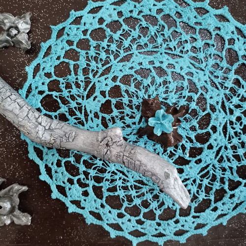 Handmade canvas frame with turquoise crochet and silver lotus stems, new