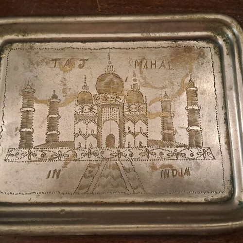 Vintage decorative plate with Taj Mahal engraving used