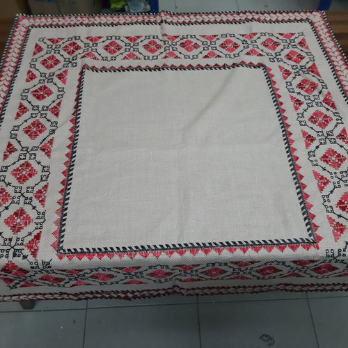 Vintage Hand Embroidered Tablecloth 1960s Silk Red and Black