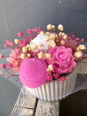 Bomboniere gypsum vase with wax flower bouquet new