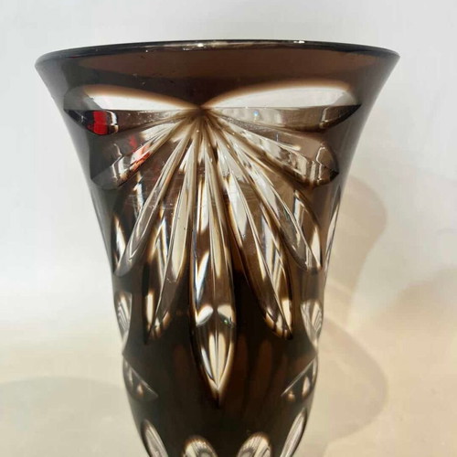 Vintage Bohemian Crystal Vase used, carved brown design 20x14